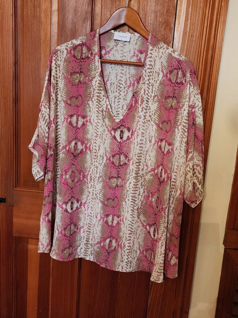 Silky V-Neck Tunic With Snake Print, size S (but very loose and flowy)